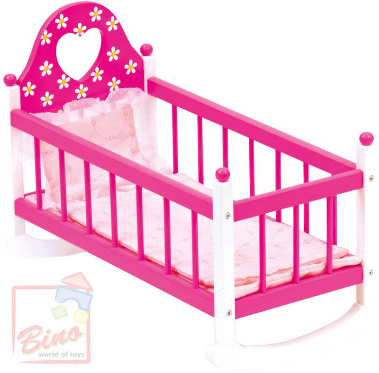 bino-drevo-kolebka-s-perinkami-pro-panenku-miminko-ruzova BINO WOOD Wiege mit Decken für Babypuppe rosa BINO WOOD Wiege mit Decken für Babypuppe rosa