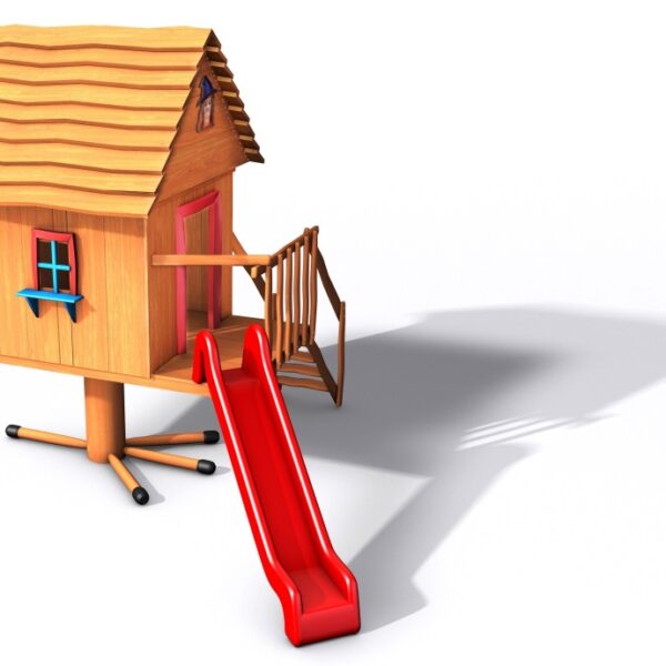 Kinderhaus mit Rutsche auf einem Hühnerfuß aus Akazie Kinderhaus mit Rutsche auf einem Hühnerfuß aus Akazie