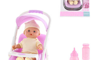 Baby-Puppe 24cm mit Zubehör im Kinderwagen trinkt pinkelt auf Batterie Sound Baby-Puppe 24cm mit Zubehör im Kinderwagen trinkt pinkelt auf Batterie Sound