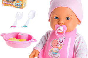 Baby-Puppe lachend 35cm Ess-Set mit batteriebetriebenem Lätzchen Sound Baby-Puppe lachend 35cm Ess-Set mit batteriebetriebenem Lätzchen Sound