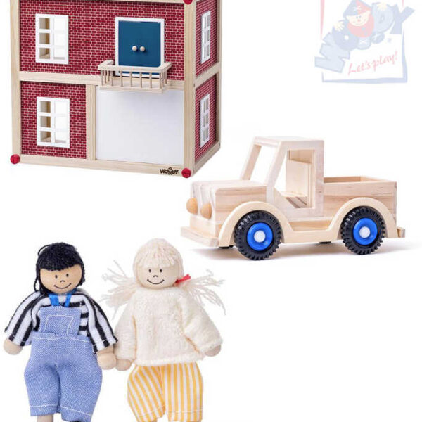 WOODY WOOD Modernes Villa-Puppenhaus-Spielset mit 2 Puppen und einem Auto WOODY WOOD Modernes Villa-Puppenhaus-Spielset mit 2 Puppen und einem Auto